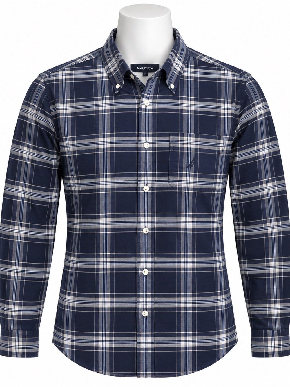 Nautica Navy and White Plaid Button-Down Shirt Size M